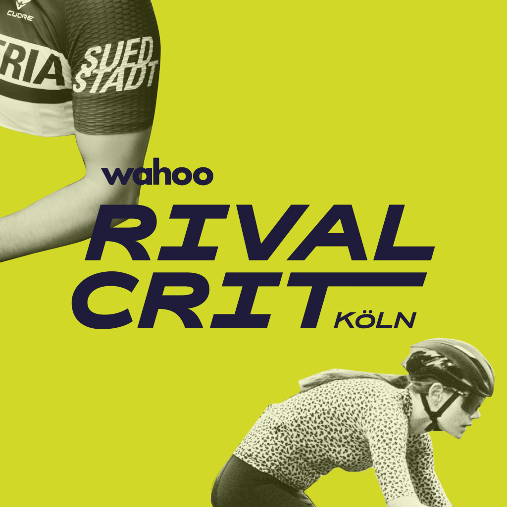 Teaser für das Wahoo Rival Crit 2023, oben links ist ein Radtrikot der Scuderia Südstadt, unten Rechts eine Rennradfahrerin in Trikot mit Leopardenprint. Grüner Hintergrund.